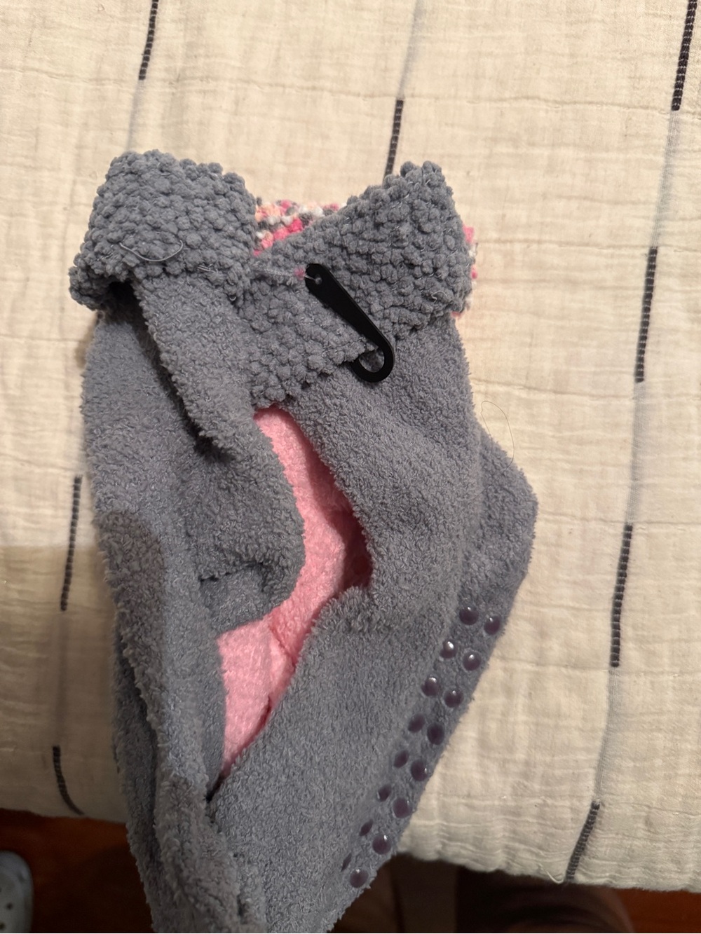 Cozy Gray and Pink Fleece Slipper Socks and stitch slipper socks